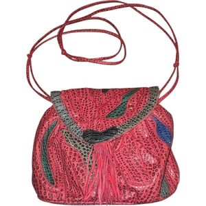 Nas Bag Vintage Red Leather Crossbody Purse Fringe Abstract Patchwork